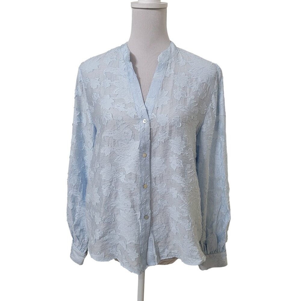 Zara Size XS Light Blue Semi Sheer Textured Floral Blouse, Gently Used Condition